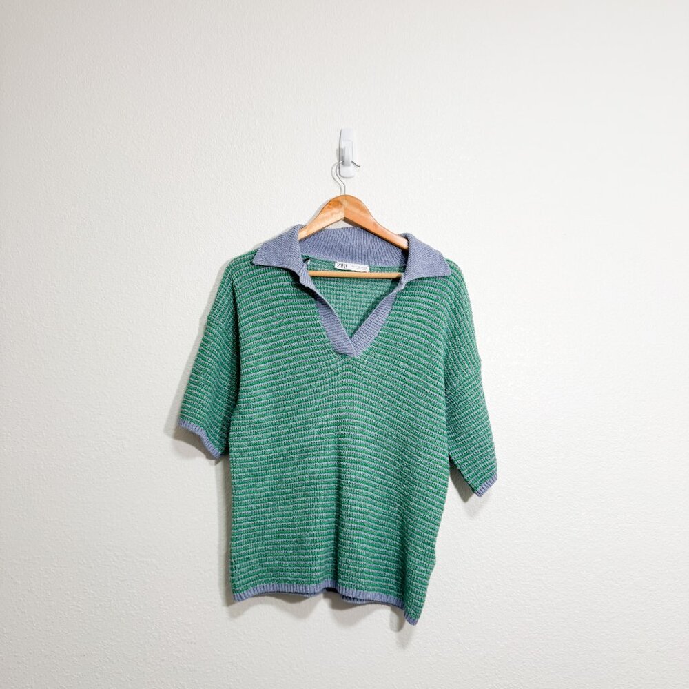 ZARA Knit Green Blue Stripe Sweater Top Short Sleeve Polo Collar Small-Medium - Picture 2 of 6